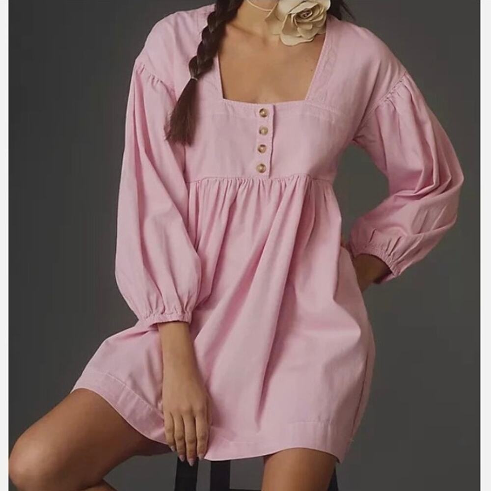 Anthropologie Whimsical Pink Coquette Denim Babydoll Mini Dress Size XL